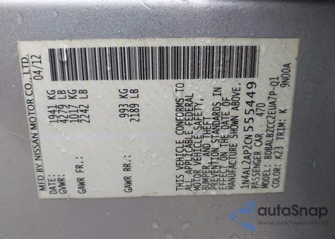 2012 Nissan Altima 2.5 S z USA, uszkodzony, nr VIN 1N4AL2AP2CN555449
